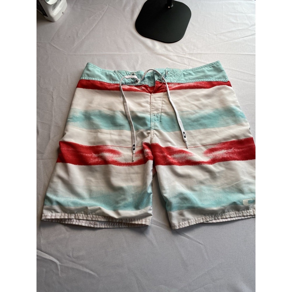 Oakley Men's Board Shorts Size 34 Red Teal White Striped Swim Trunks 58010186